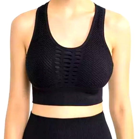 YOGA SPORTS BRA BLACK HIGH PERFORMANCE HOLLOWED OUT BACK - Picture 2 of 3